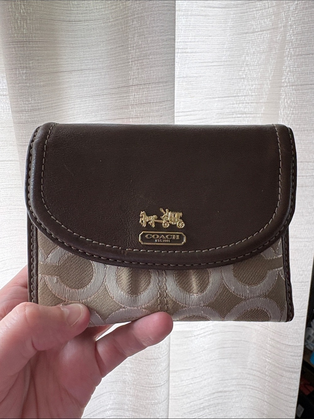 Coach Brown and Khaki Compact Trifold Wallet